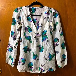 Intimissimi Silk Faux Wrap Surplice Floral Top - Size S/XS White Green Blue